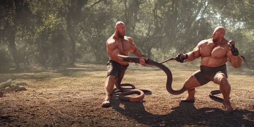 Image similar to The Big Guy Ryback fighting a snake solo outdoors, photorealistic, ultra hd, cinematic lighting, award-winning, 4k, leica sl2 30mm, beautiful color, high quality, high textured, lens flare