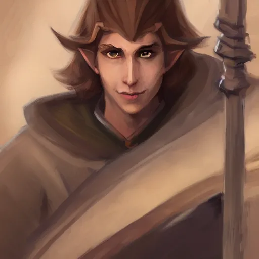 Image similar to An adolescent male half-elf wizard, focus on face, tall, slim, short brown hair, smiling, wizard robes, staff, sharp focus, highly detailed, photograph, cinematic, dynamic lighting, trending on artstation, digital painting, in the style of Chris Ostrowski