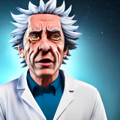 Image similar to portrait of real life rick sanchez wearing white lab coat. drool coming out of mouth. photo realism. dramatic lighting. alien planet background. 4 k