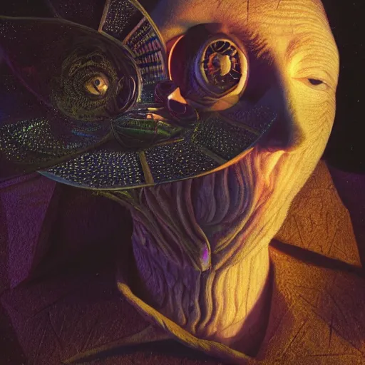 Image similar to full face close up portrait, sandman god of dreams wearing a plague - doctor mask, deliver me cosmic sight, by patrick woodroffe, by igor morski, by laurie lipton, cinematic lighting, volumetric lighting, neosurrealism, realistic shadows, sandman, particle effects, rendered in octane, psychedelic, cosmic, fantasy