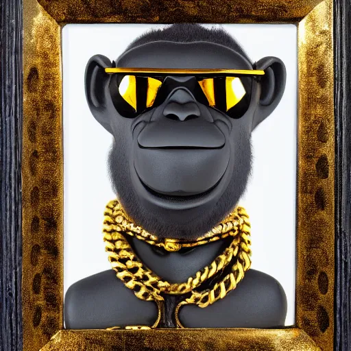 Prompt: a monkey wearing a nice black tuxedo and wearing shades and wearing gold chains around its neck, art deco, highly detailed, highly coherent, 8 k