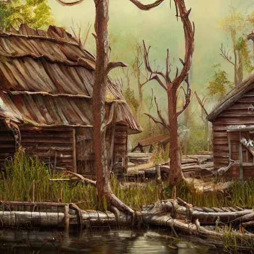 Image similar to A painterly Swampvillage with a wooden wall made of zombie limbs, , high detailed, semirealistic, oil painting, trending on Artstation. w 1024