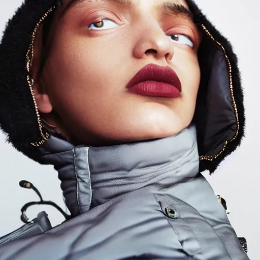 Image similar to realistic photoshooting for a new balenciaga lookbook color film photography close up portrait of a beautiful woman model, model wears a puffer jacket, photo in style of tyler mitchell, ssense