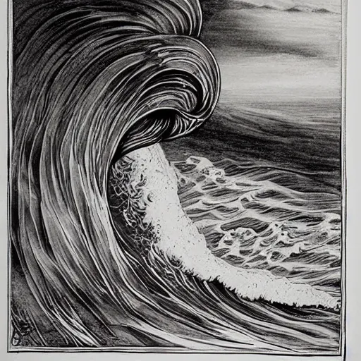 Image similar to an beautiful painting of one single hawaiian wave painted by albrecht durer, monochromatic color scheme, high detail, breathtaking wave, lineart!, line art, soft colors, simplicity, charcoal drawing