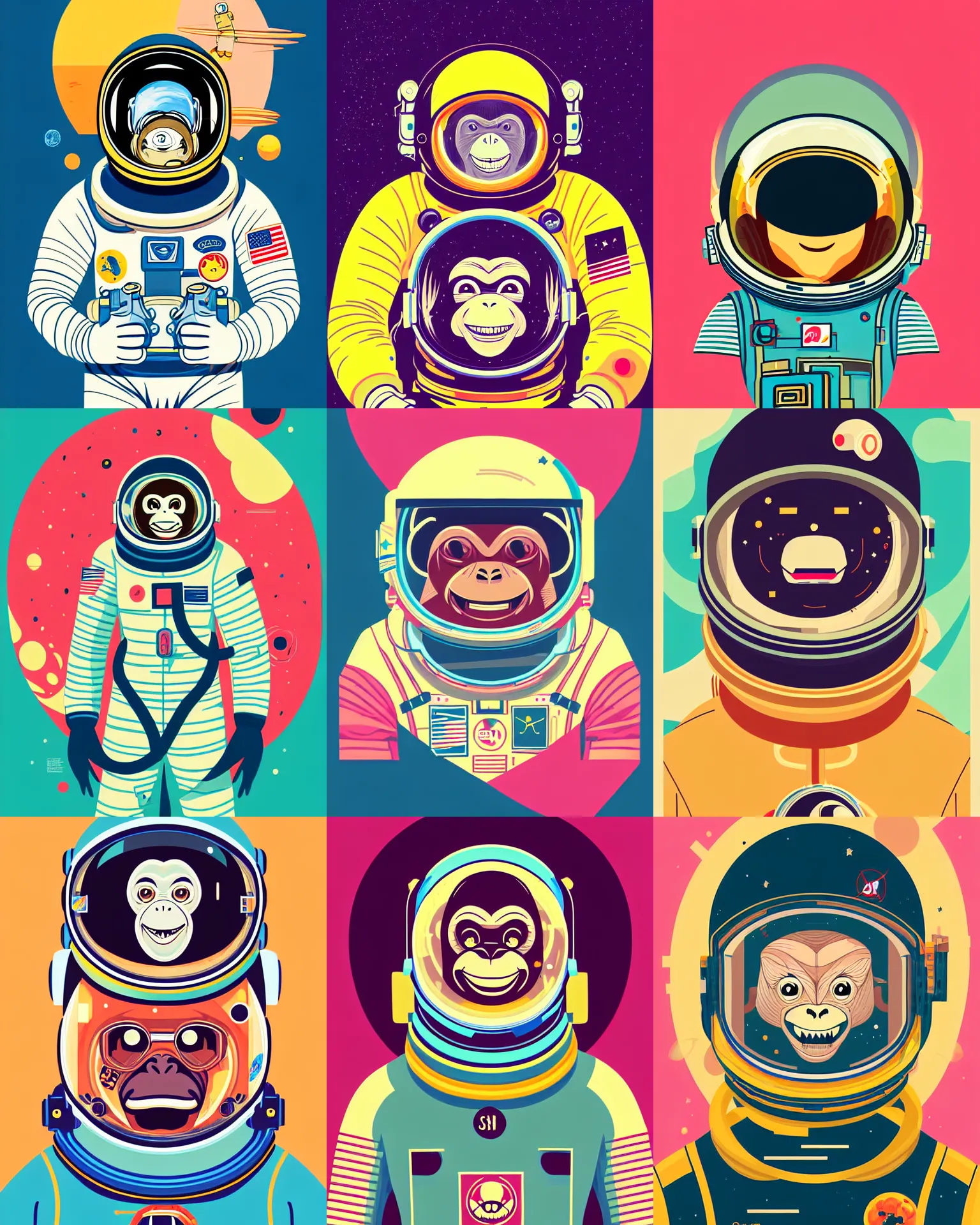 Prompt: a vector based illustration of a grinning monkey astronaut in a spacesuit, head and shoulders shot, by sachin teng and loish, vibrant, vector art, award winning, stunning, trending on art station, highly detailed