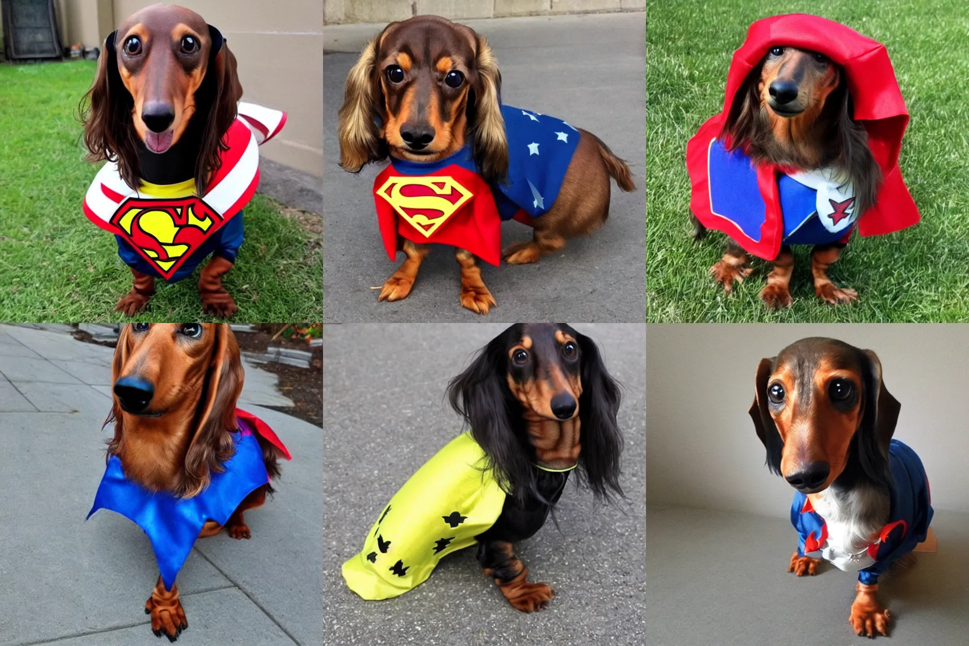 Prompt: a super hero long haired dachshund in superhero costume