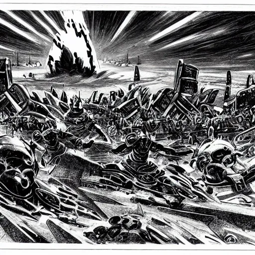 Prompt: epic battle of Astartes against necrons, against the background of a nuclear explosion, futurism style, very detailed drawing.