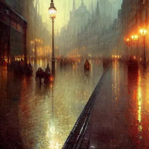 Image similar to a beautifull intricate city, wet sidewalk, peoples, reflexions, raindrops, high details by william turner art, greg rutkowski and alphonse mucha, trending on artstation, very very detailed, masterpiece,