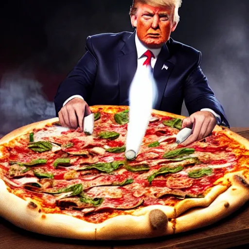 Image similar to a high detail shot of trump making a pizza, smoking, render, cgsociety, photorealism