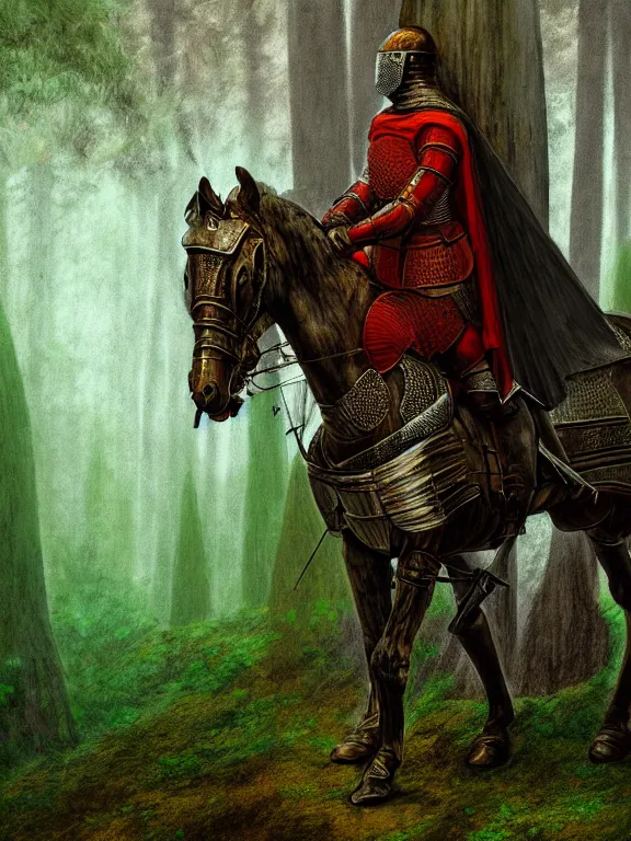 Prompt: portrait of a knight in bark armor, in the redwood forest, guard, nature, highly detailed, key visual, monochromatic green, concept art, artistic render, vaporwave, matte painting, by leonardo da vinci