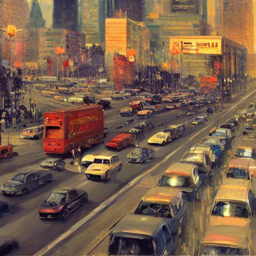 Prompt: A clutter scene of city traffic, maximalism, symmetry, high visual detail, photorealistic oil painting, by Ilya Repin and Asher Duran, artstation