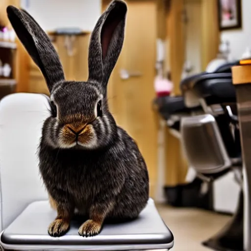 Image similar to sad rabbit sitting in a barbers chair