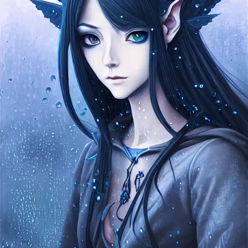 Image similar to highly detailed portrait of an elven fairy, in the rain, highly detailed, painting, dark blue and black color palette, intricate, high quality anime artstyle, in the style of ilya kuvshinov