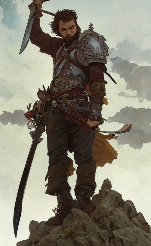 Prompt: '' Portrait of a rugged lupine adventurer holding a big sword, d&d, fantasy, high-body detail, digital painting, artstation, concept art, sharp focus, illustration, art by greg rutkowski and alphonse mucha ''