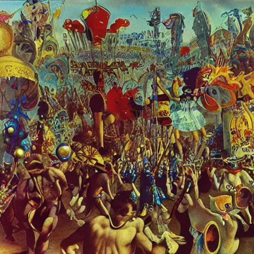 Image similar to feverish allucinations on a carnival parade by dali