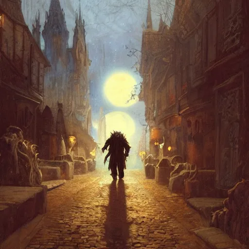 Image similar to a creepy demonic old man stands in the middle of a medieval street and turns into a werewolf under a full moon, painting by gaston bussiere, craig mullins, j. c. leyendecker, 4 k, 8 k, trending on artstation, artstationhd, artstationhq, highest detail