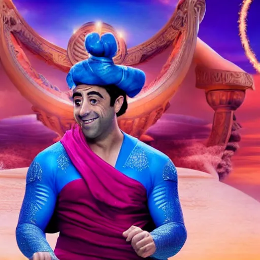 Prompt: HQ Still of Xavi Hernandez as the genie in Aladdin (2019)