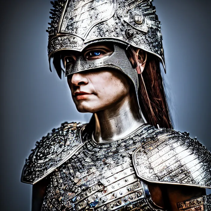 Prompt: photo of a warrior queen wearing diamond encrusted armour, highly detailed, 4 k, hdr, smooth, sharp focus, high resolution, award - winning photo