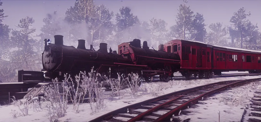 Image similar to A train in red dead redemption 2, screenshot, high quality image, widescreen, 8k, octane render