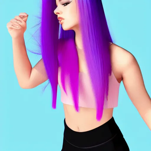 Image similar to a award winning full body shot of a beautiful woman in a croptop and leggings with a ombre purple pink teal hairstyle with head in motion and hair flying, outrun, vaporware, highly detailed, fine detail, intricate