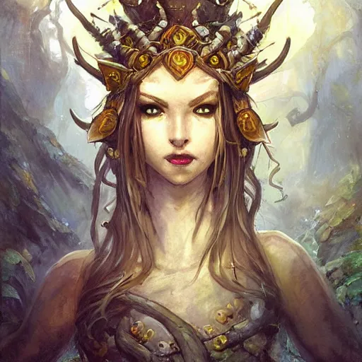 Prompt: Lady Yggdrasil Queen Portrait Portrait Portrait Planescape Torment Vagrant Story Character Time Druid Face Head Eyes Jordan Grimmer Oleg Zherebin Till Freitag Tamas Medve Todor Hristov Ilya Repin