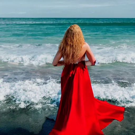 Prompt: woman with waving long hair, satin red dress, walking up to her waist in the ocean, back view, first person view