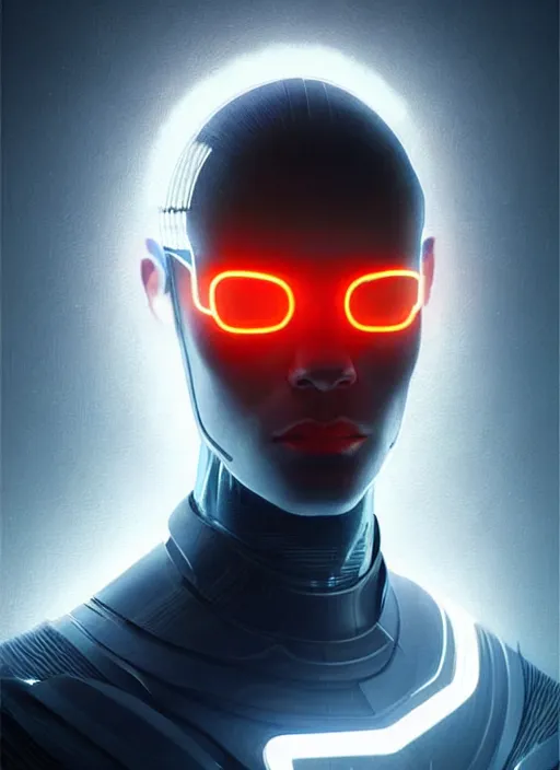 Image similar to portrait of modern male humanoid, intricate, very futuristic, elegant, cyber neon lights, highly detailed, digital photography, trending in artstation, trending in pinterest, glamor pose, concept art, smooth, sharp focus, art by artgerm and greg rutkowski