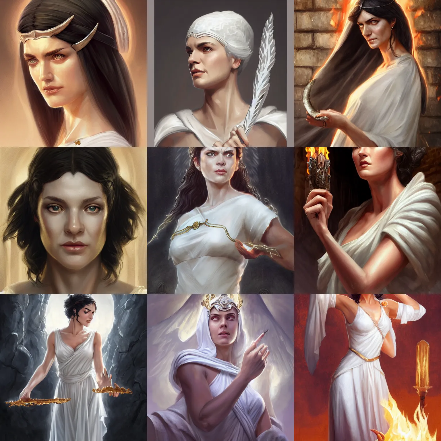 Prompt: hestia, helen mcrory, old greek goddess, white tunic, sacred flame, d & d, fantasy, portrait, highly detailed, digital painting, trending on artstation, concept art, sharp focus, illustration, art by artgerm and greg rutkowski and magali villeneuve