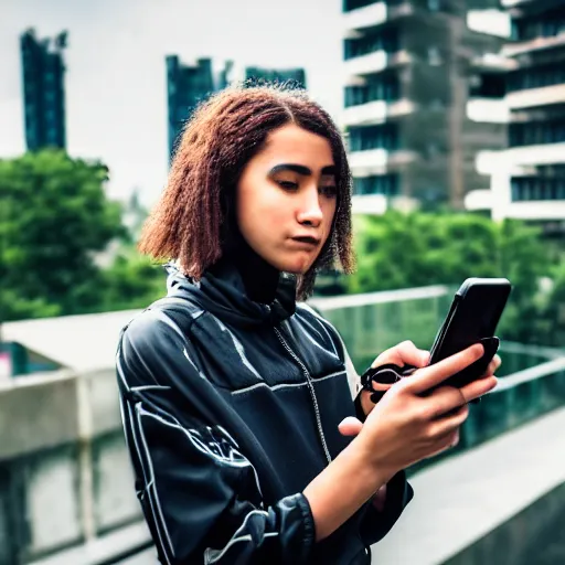 Image similar to candid photographic portrait of a poor techwear mixed young woman using a phone inside a dystopian city, closeup, beautiful garden terraces in the background, sigma 85mm f/1.4, 4k, depth of field, high resolution, 4k, 8k, hd, full color