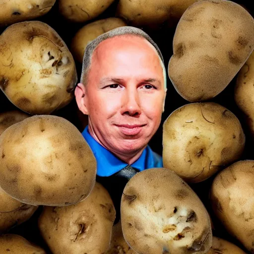 Prompt: photo peter dutton's head in a pile of potatoes