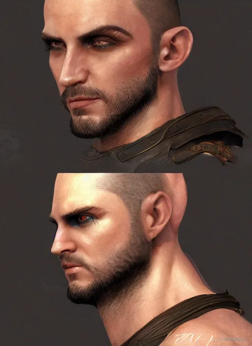 Image similar to buzzcut hair stubble male, aphelios draven, dndbeyond, bright, realistic, dnd character portrait, full body, art by ralph horsley, dnd, rpg, lotr game design fanart by concept art, behance hd, artstation, deviantart, global illumination radiating a glowing aura global illumination ray tracing hdr render in unreal engine 5