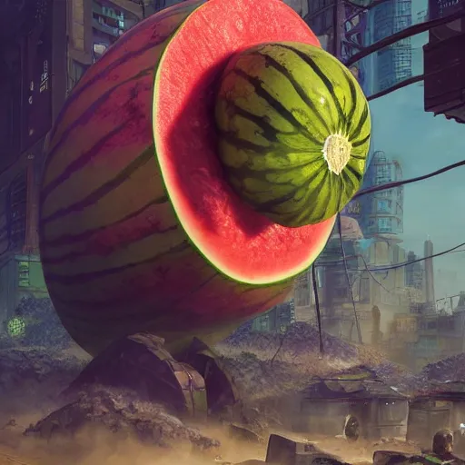 Image similar to Concept Digital Art Highly detailed giant Watermelon warlord protecting Ukrainian village from Orks by Taras Shevchenko and Stephen Hickman and Beeple. Very highly detailed 8K,Pentax 67, Kodak Portra 400 in style of Hiromasa Ogura Ghost in the Shell, the golden ratio, rational painting