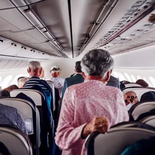 Prompt: old people dancing, inside airplane, 4k