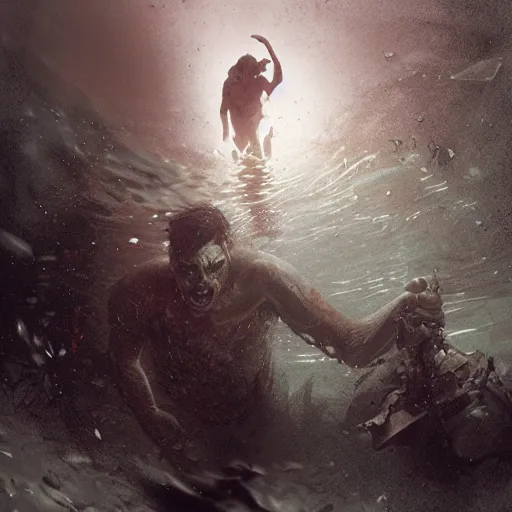 Image similar to a man swimming underwater in a zombie apocalypse by greg rutkowski