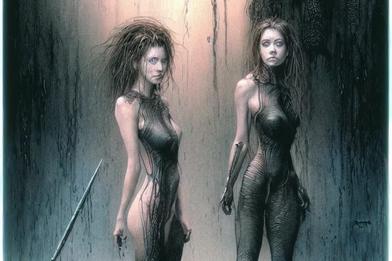 Image similar to cute young alyson hannigan with short hairs in dark city by luis royo and wayne barlowe, beksinski