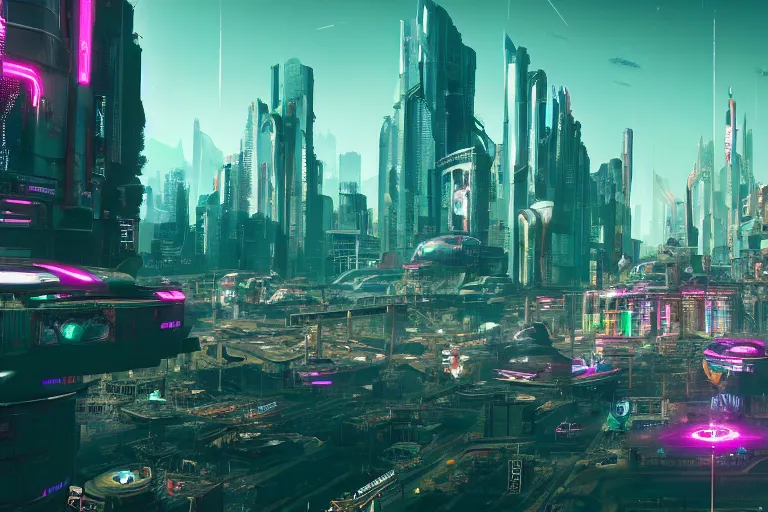 Image similar to future utopian city in the style of a cyberpunk 2 0 7 7 screenshot, concept art, artstation, deviantart, behance, highly detailed