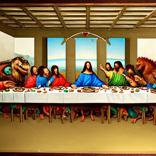 Prompt: the last supper with dinosaurs instead of humans