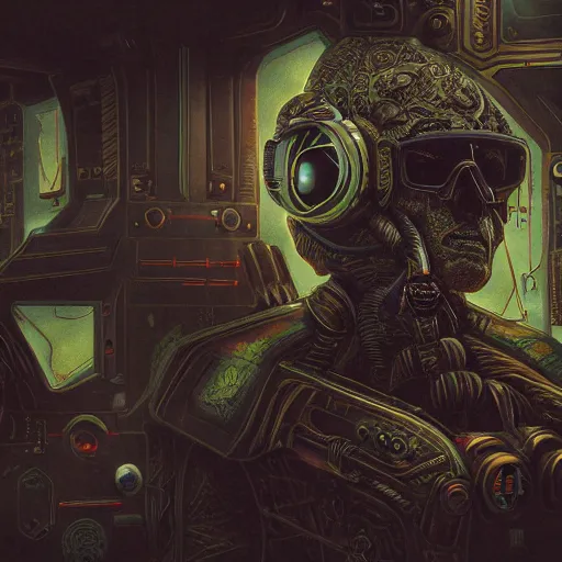 Prompt: pilot, 80s sci-fi, highly detailed, dark colors, dark enlightenment, alchemy, nigredo, deep aesthetic, concept art, post process, 4k, highly ornate intricate details,
