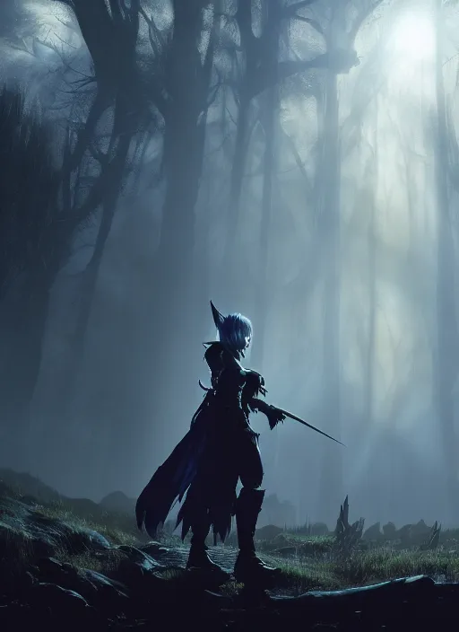 Image similar to a movie still from final fantasy xiv live action, thancred, evocative, mystical night, backlit, rim light, sharp focus, very very very very detailed, award winning, masterpiece digital painting by greg rutkowski, alex grey, marc adamus, beautiful dramatic lighting, artstation, 4 k wallpaper, style by peter deligdisch, peterdraws