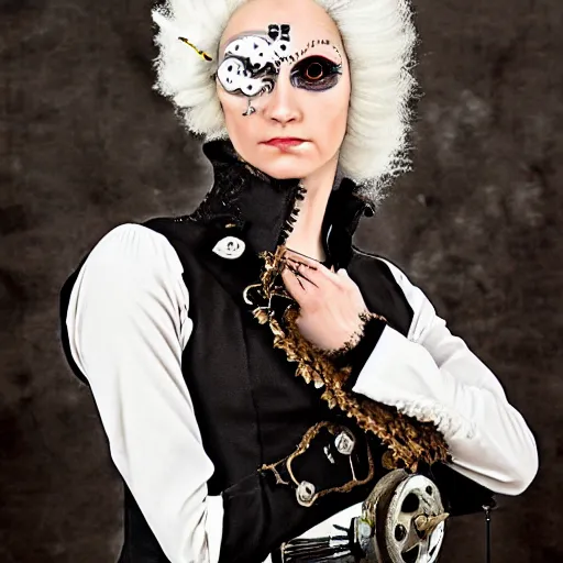 Image similar to Clockwork Cyborg Vampire French Aristocrat, powdered wig, gears, prosthetics, full-body