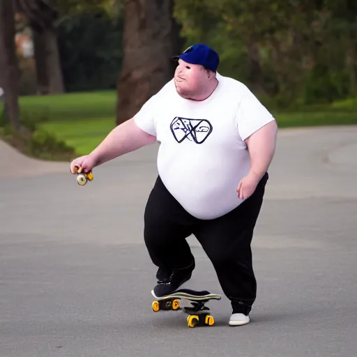 Image similar to very obese man with a t-shirt and cap with the letter P, skateboarding