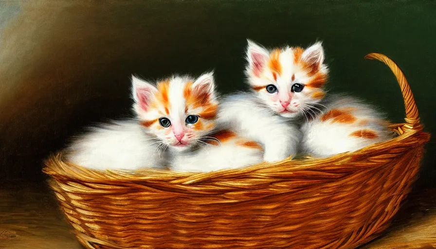 Prompt: highly detailed painting of cute furry calico kittens cuddled up in a basket by william turner, thick brush strokes and visible paint layers, 4 k resolution, red and green colour scheme