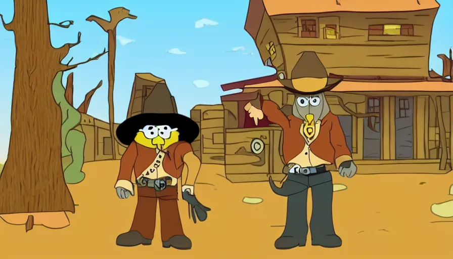 Image similar to 2000s cartoon show screenshot about a gunslinging owl from the wild west, wearing a cowboy hat an eye mask, standing in an old west town the animated show, in the style of cowboys of moo mesa