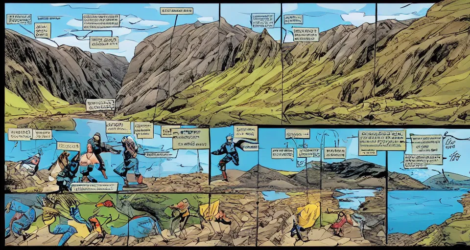 Image similar to a full page comic book panel of the beautiful scottish highlands