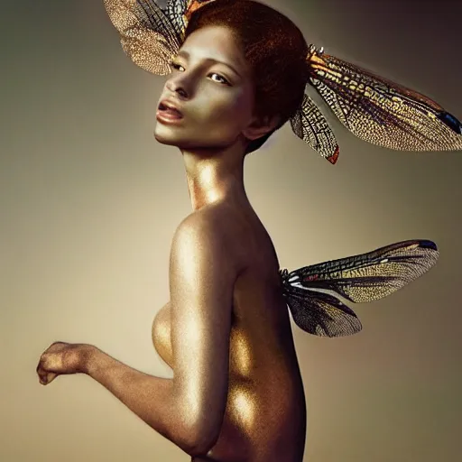 Image similar to brown woman wearing a shiny dragonfly armor. iridiscent. super detailed. layered. textured. award winning. dispersion of light. refracted lighting. soft. fragile. by ray caesar. by louise dahl - wolfe. by andrea kowch. surreal photoraphy