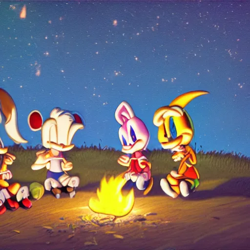 Image similar to tiny toons in real life sitting around a campfire telling stories, photographic, 3D, UE5, photorealistic, ultrarealistic, hyper realistic, drum scanner, dark vignette, burning embers, nostalgic, muted colors, slightly drunk, candy rush, autochrome, tranquil, starry night, 4K, 8K, HQ