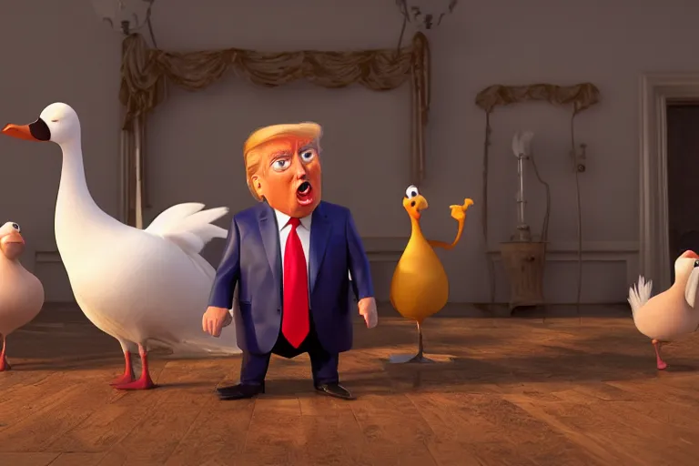 Image similar to still from a Pixar movie of Donald Trump as a Goose, high quality 3d render, movie, Pixar, Renderman, 4k, artstation