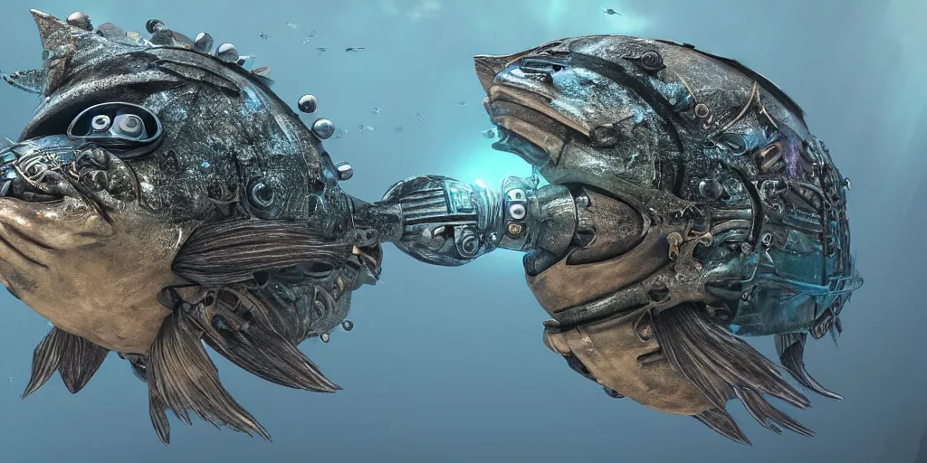 Image similar to low - angle medium shot of an steampunk tetrapod trigger fish from the future on its first day of driver's ed learning to parallel park. 8 k, 4 k, hq, 3 d render, digital art, dramatic lighting, comedy, science fiction, hyper realistic, ultra detailed. style of arrival, fifth element.