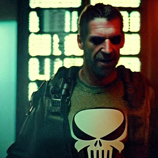 Image similar to a 4 k cinematic film still portrait of aphex twin breaking into the office from a gritty cyberpunk 2 0 0 0 s james cameron movie about the punisher. realism, cinematic lighting, 4 k. 8 mm. grainy. panavision.