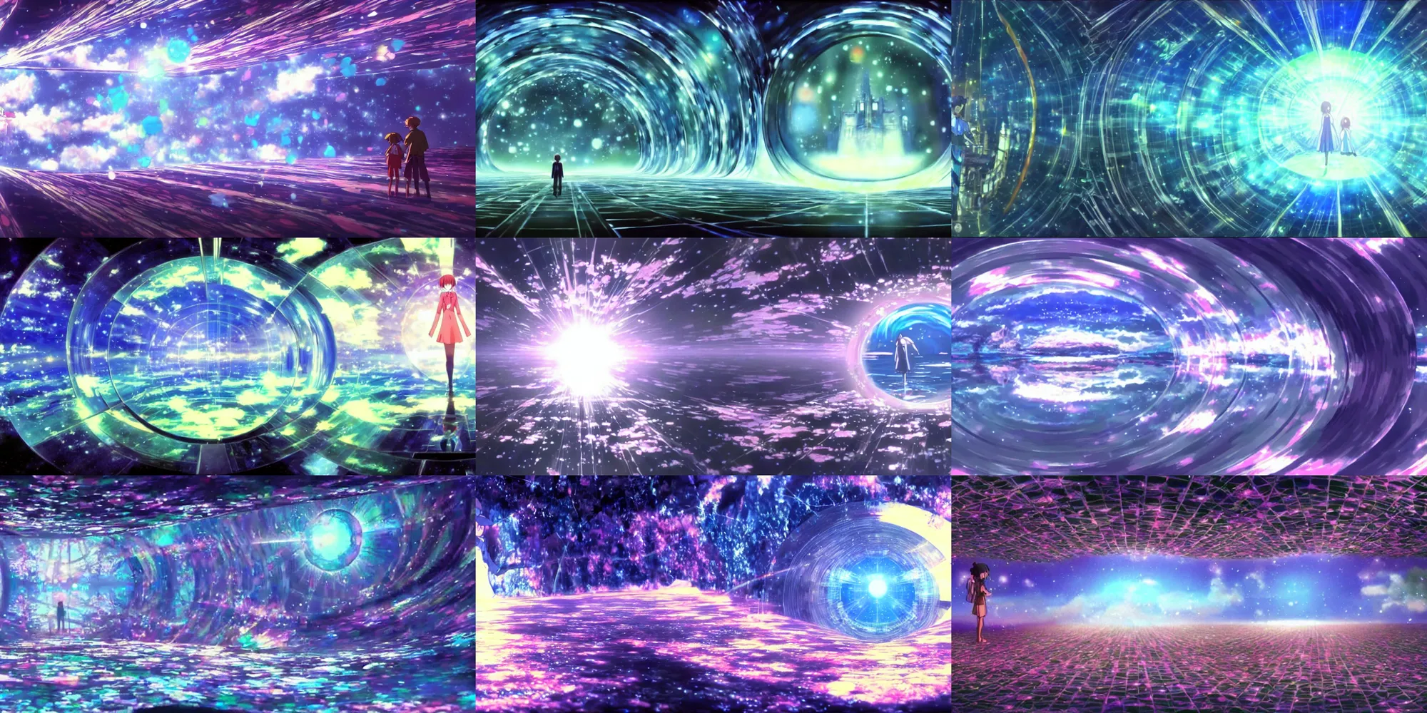 Prompt: a painting of inside the glass refractive prism of dreams ; a beyond - dimensional fantasy world, in a screenshot from the science fiction anime film